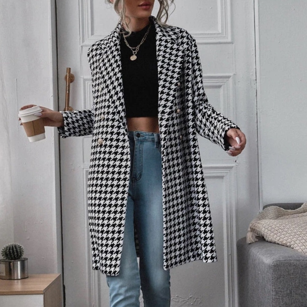 Tweed houndstooth trench coat jacket black white - Picture 3 of 5